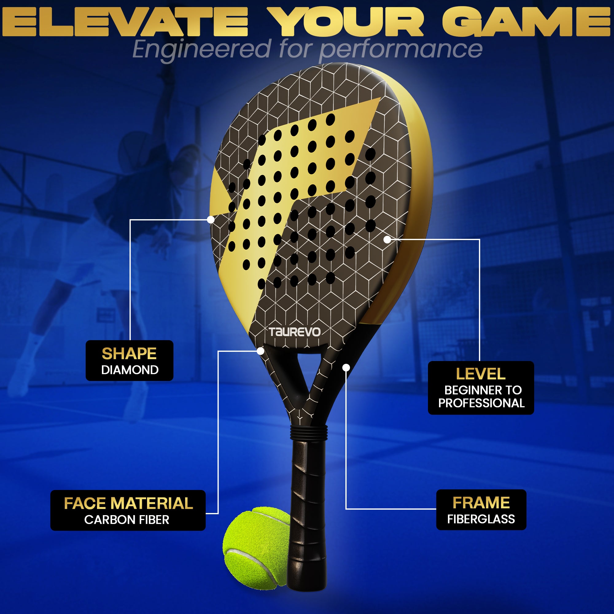 TAUREVO Carbon Fiber Padel Racket Golden