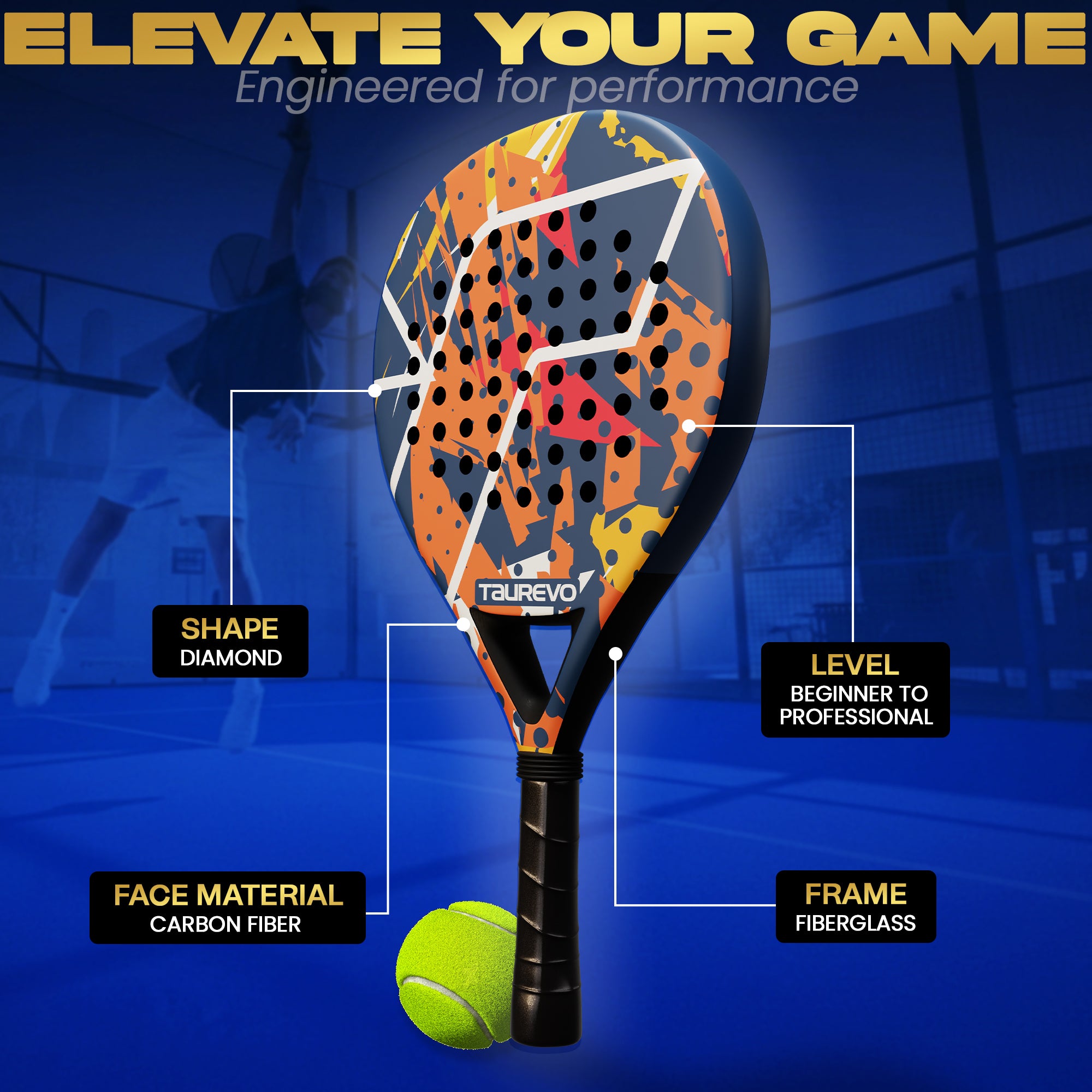 TAUREVO Carbon Fiber Padel Racket Blue